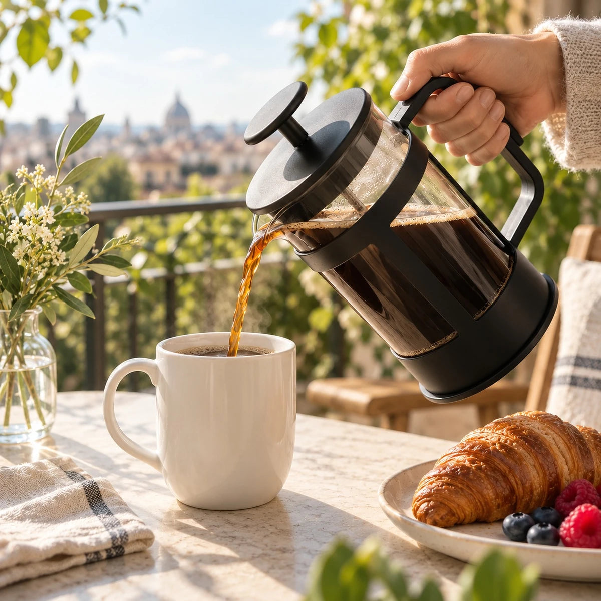 Café preparado en prensa francesa sirviéndose en una taza durante un desayuno al aire libre.