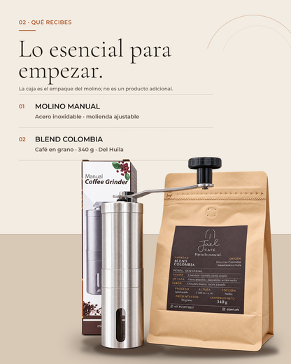 Contenido exacto: un molino manual y una bolsa Blend Colombia en grano de 340 g