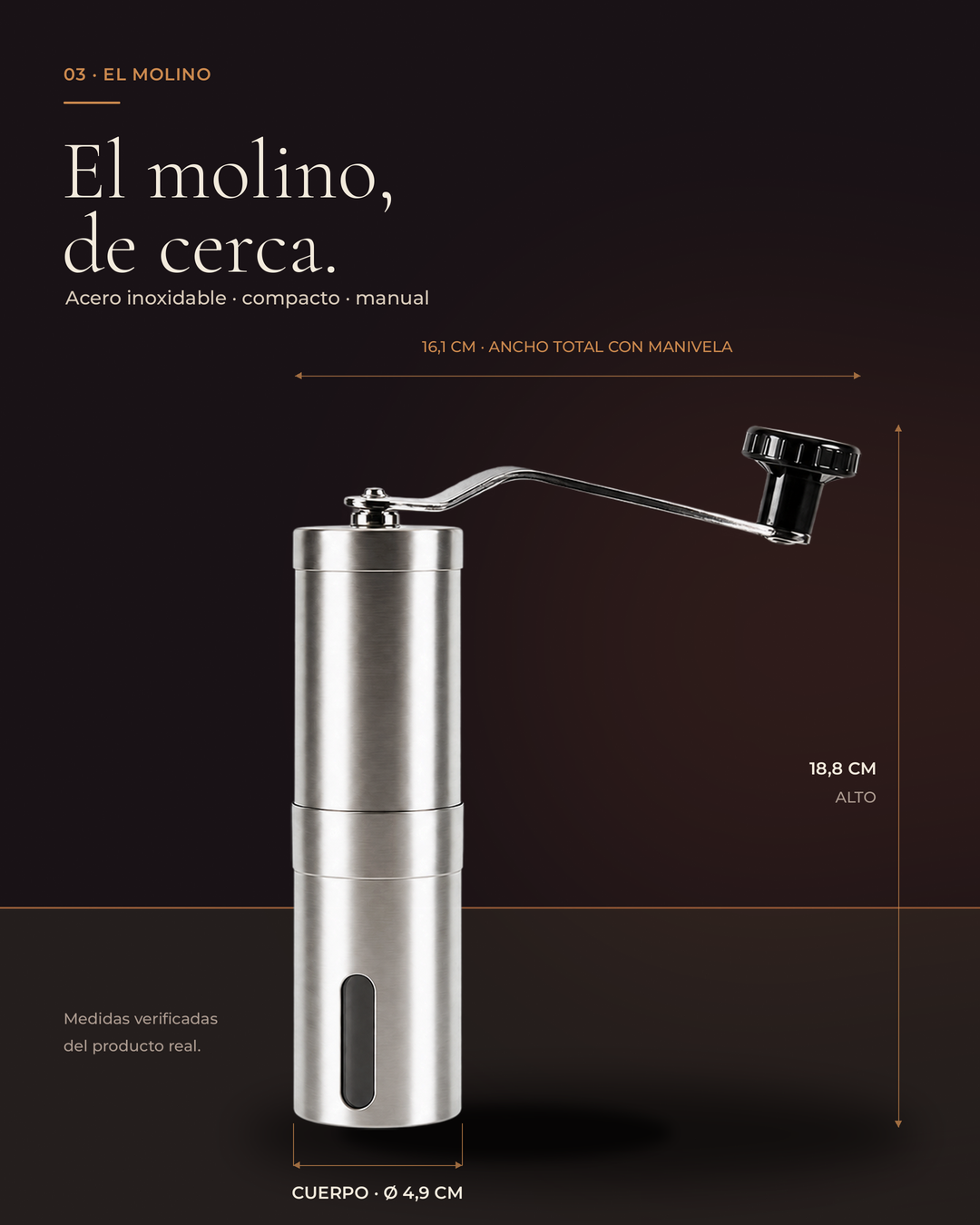 Medidas verificadas del molino manual de acero inoxidable
