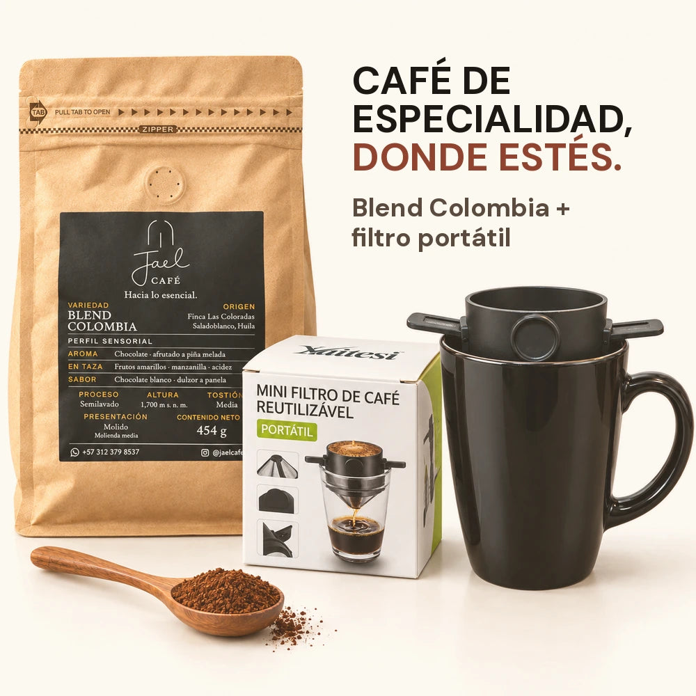 Donde estés: café de especialidad JAEL, filtro portátil, caja y cuchara con café molido