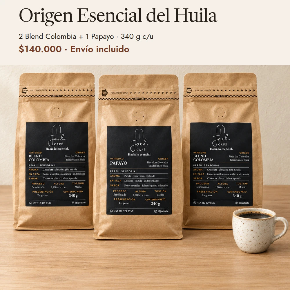Origen Esencial del Huila: tres bolsas completas, 2 Blend Colombia y 1 Papayo en grano
