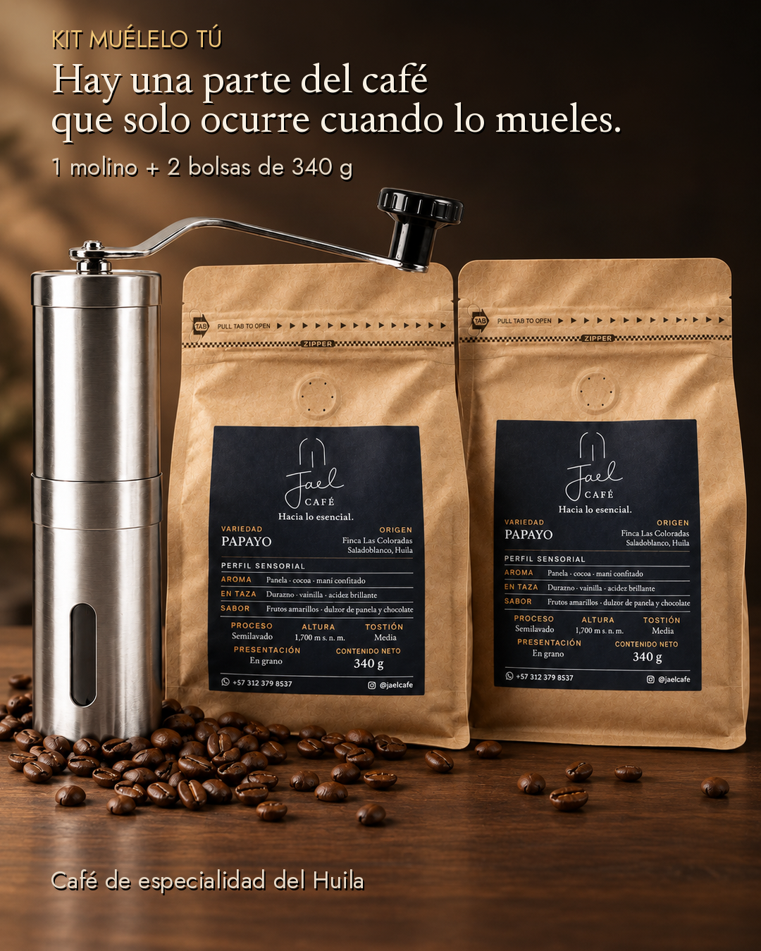 Kit Muélelo Tú con molino manual y dos bolsas de café de especialidad del Huila