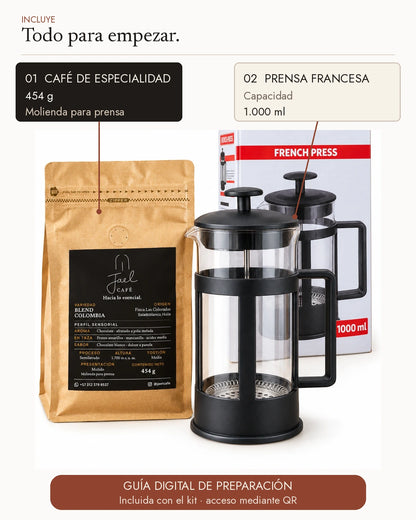 Contenido del Kit Café para Compartir: prensa francesa, café molido y guía digital