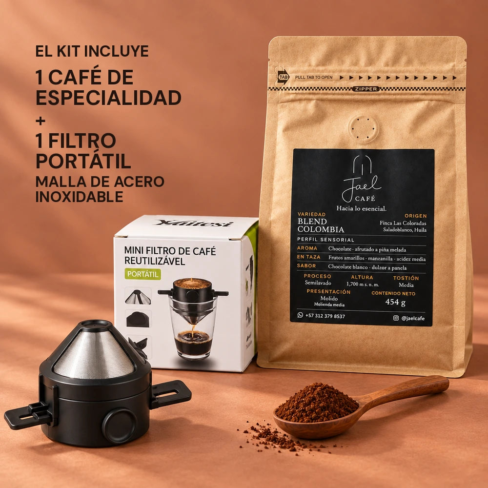 Contenido del kit: Blend Colombia de 454 g y filtro portátil con malla de acero inoxidable