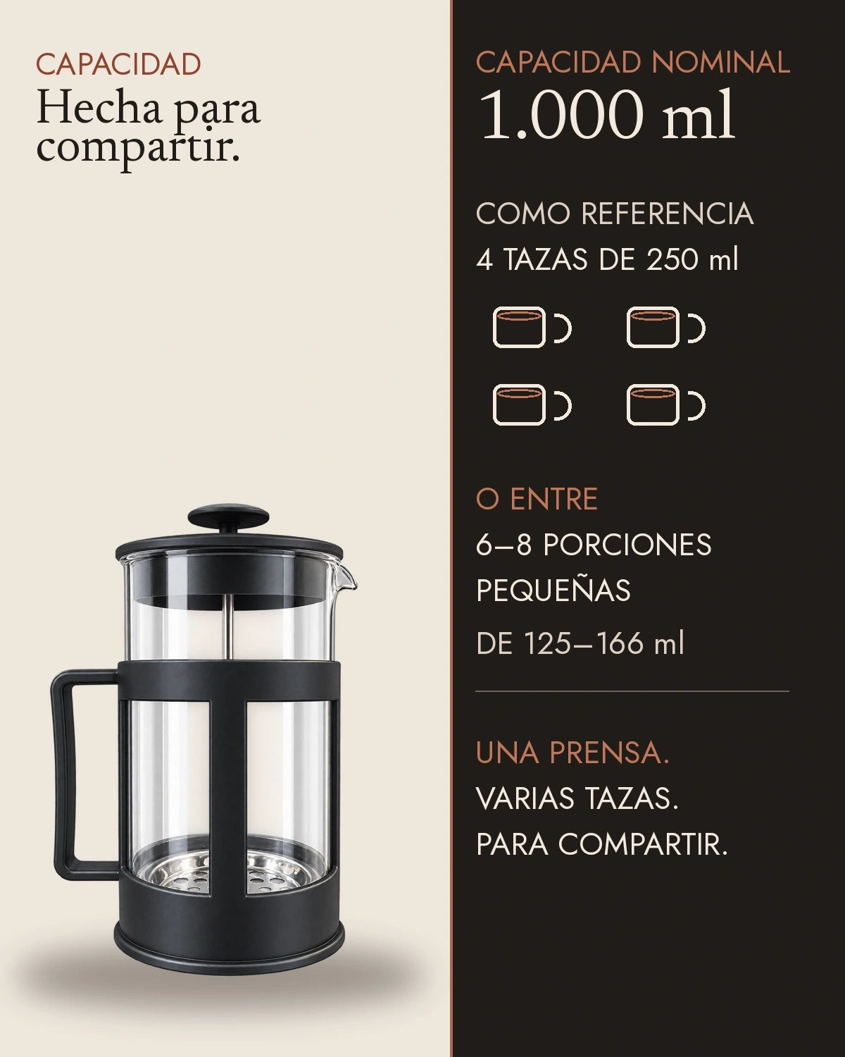 Capacidad de la prensa francesa de 1.000 ml para compartir café