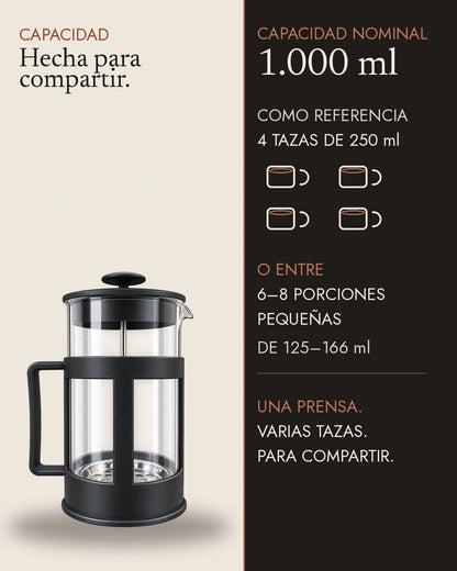 Capacidad de la prensa francesa de 1.000 ml para compartir café