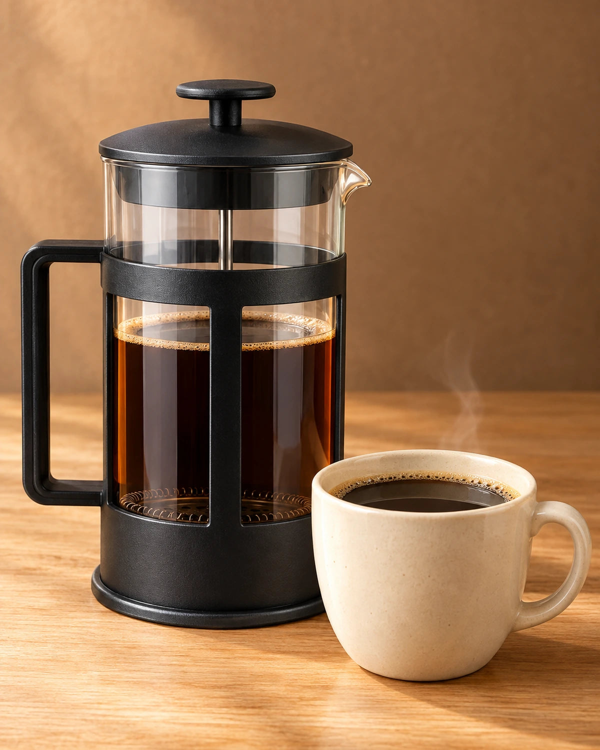 Prensa francesa JAEL llena de café junto a una taza servida