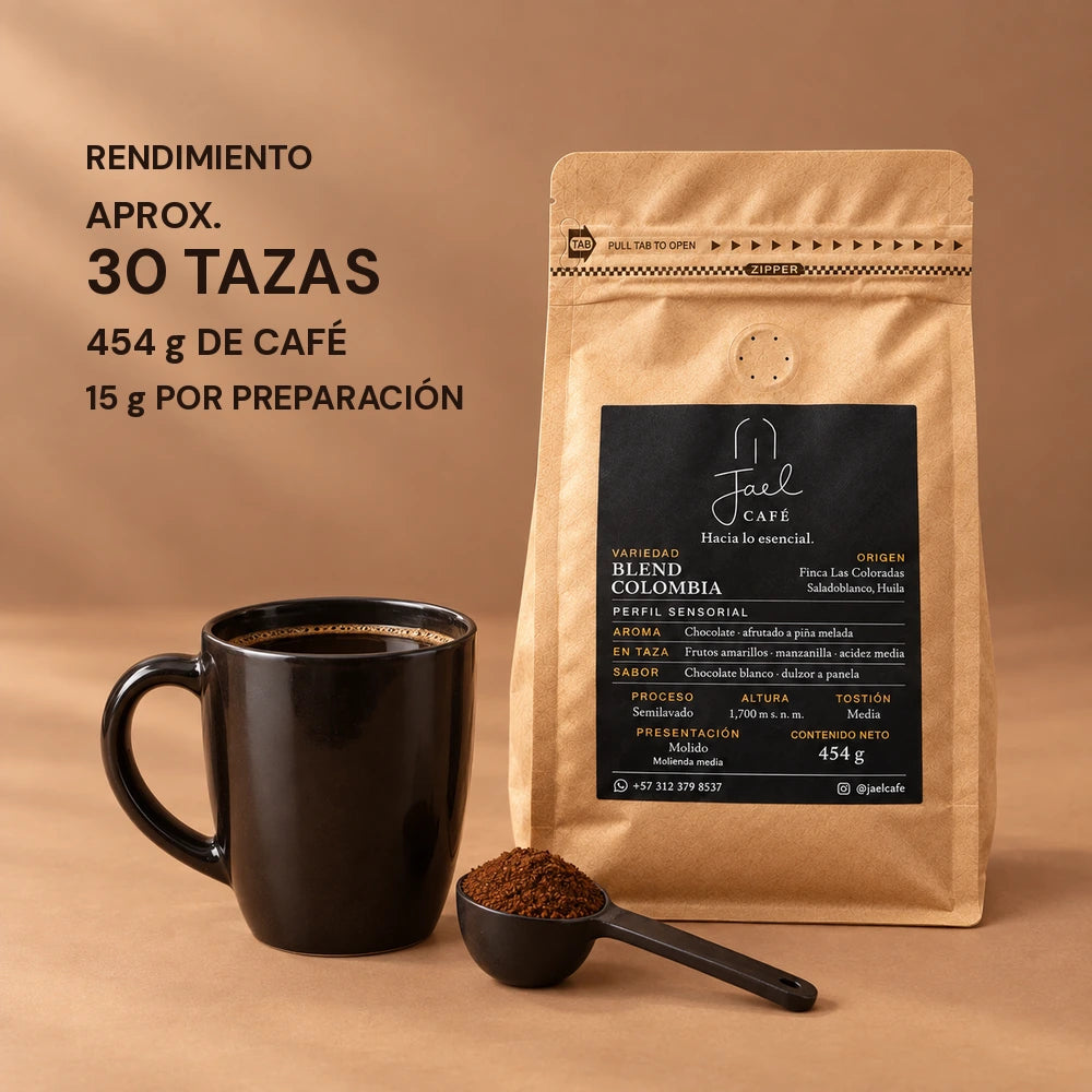 Rendimiento aproximado de 30 tazas con 15 g de café por preparación