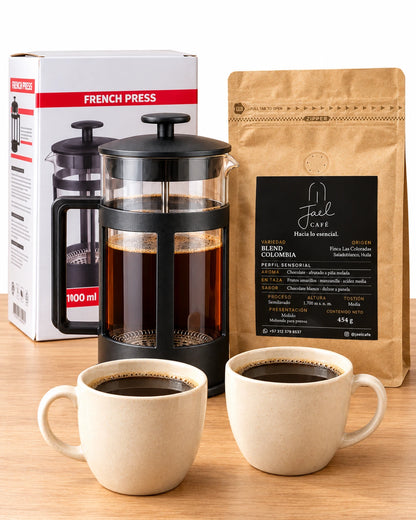 Kit Café para Compartir JAEL con prensa, café y dos tazas servidas
