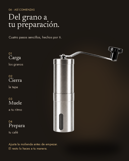 Pasos para cargar, cerrar, moler y preparar café