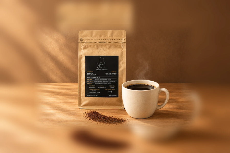 Bolsa de café Blend Colombia JAEL de 454 g con una taza servida y café molido