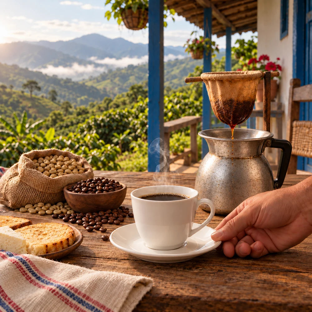 Preparación de café con filtro de tela tradicional en una mesa de madera